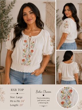 RXB White Boho Peasant Top with Multicolor Floral Embroidery